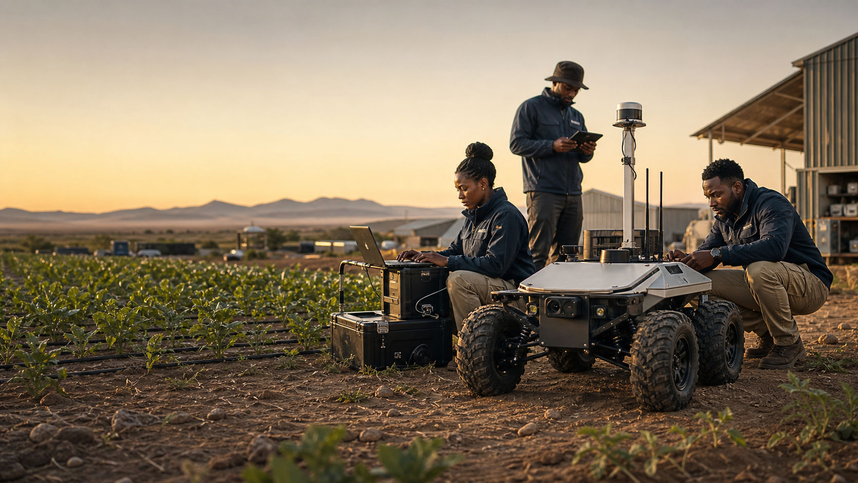 Mercury Labs engineers testing an autonomous field robot in Southern Africa.